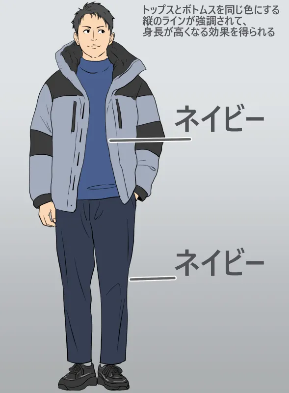 低身長メンズ向けダウンジャケットの着こなし方、縦のラインを強調させて身長アップ効果を得る