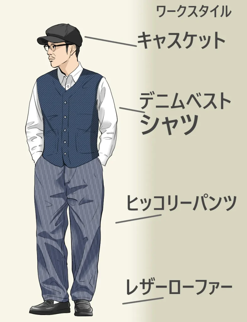 ヒッコリーパンツのダサくないコーディネートイラスト