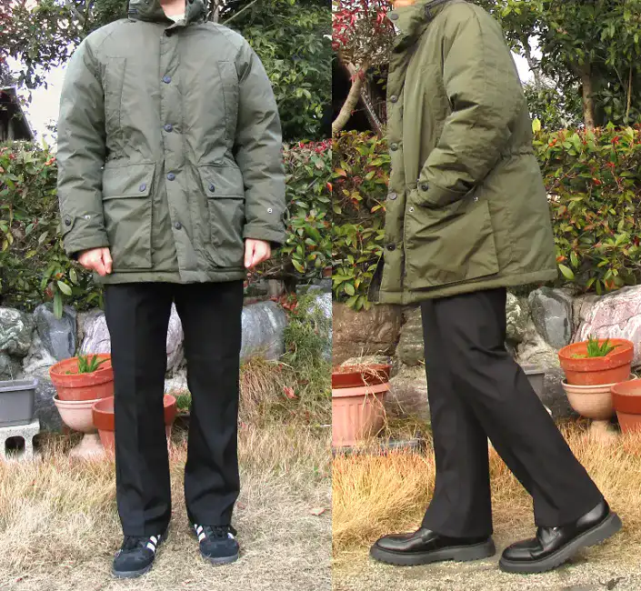 165cmの男性が西川ダウンのダウンジャケットを着用