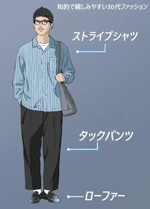 30代メンズファッション知的なストライプシャツコーデ