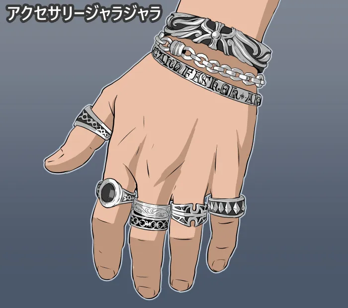 アクセサリーをジャラジャラつけたダサい男性の手