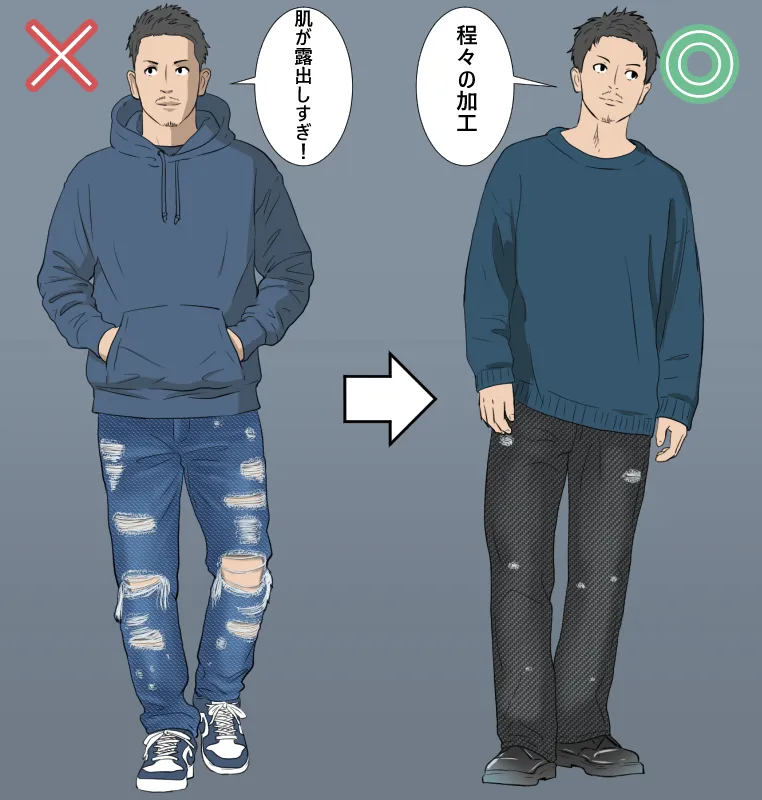 ダサいファッションやり過ぎ加工デニムの失敗例と改善対策