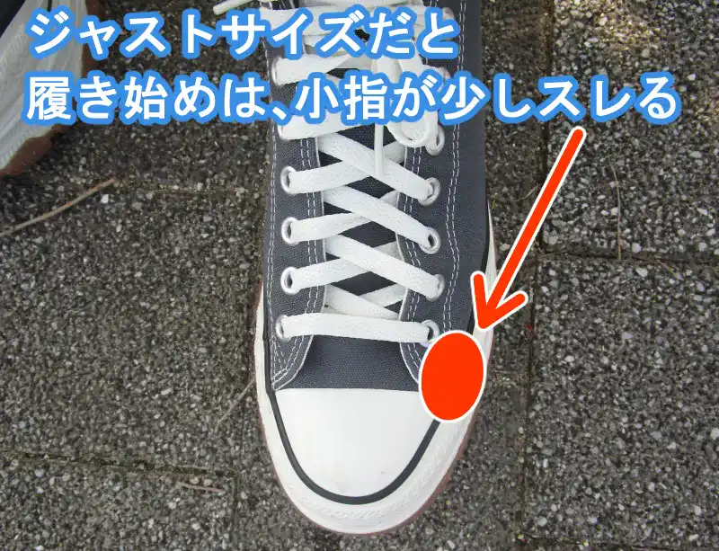 トレックウェーブをジャストサイズで履いたときの小指のスレ具合