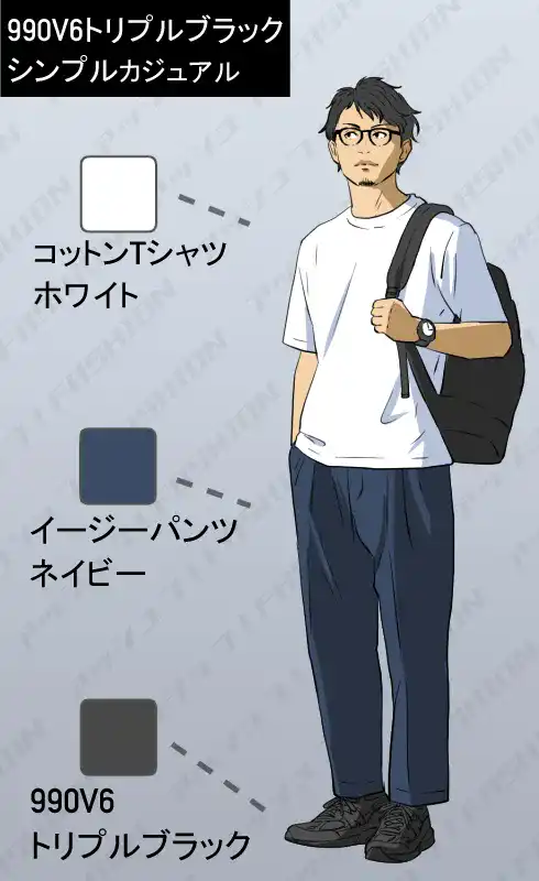 ニューバランス990v6トリプルブラックのメンズ夏コーデ