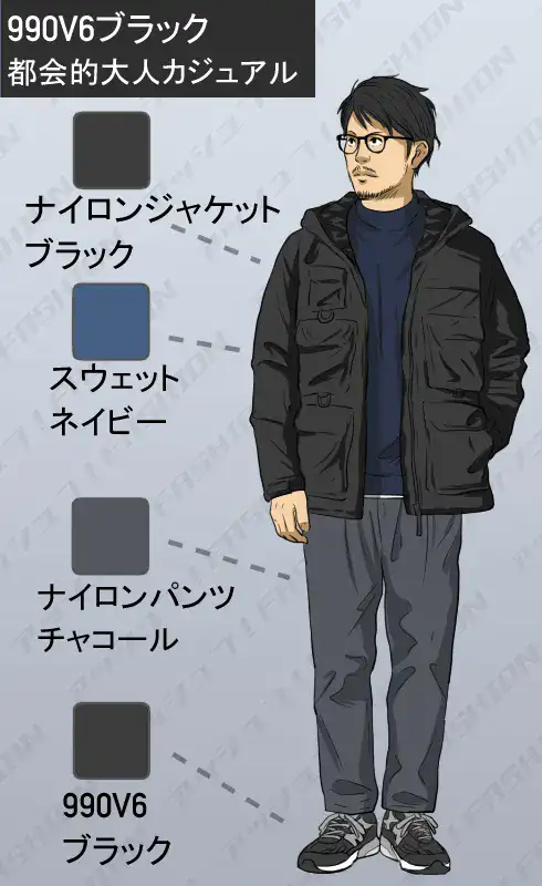 ニューバランス990v6ブラックのメンズ冬コーデ