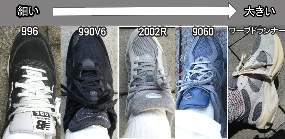 990V6と他のニューバランスのスニーカーサイズ比較画像