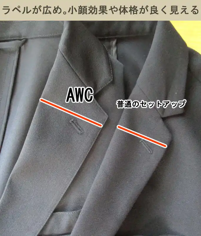 AWCのセットアップはラペルが広いため、小顔に見えたり、体格が良く見えたりする。